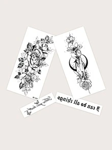 4 feuilles Sticker de tatouages à motif fleur - Noir - Voir 4