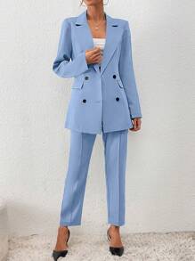 SHEIN Privé Double Breasted Blazer & Trousers - Baby Blue - View 3