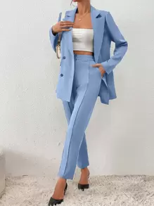 SHEIN Privé Double Breasted Blazer & Trousers - Baby Blue - View 4
