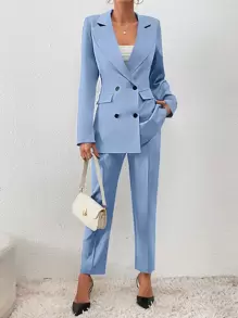 SHEIN Privé Double Breasted Blazer & Trousers - Baby Blue - View 5