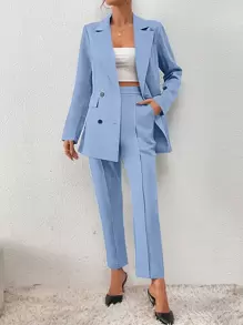 SHEIN Privé Double Breasted Blazer & Trousers - Baby Blue - View 6