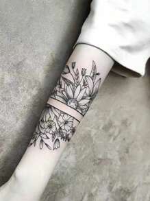 1張花朵圖案紋身貼紙 - 黑色 - 查看 1