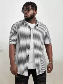 GENTILAND Men Plus Striped Print Shirt Without Tee - Black and White - View 2