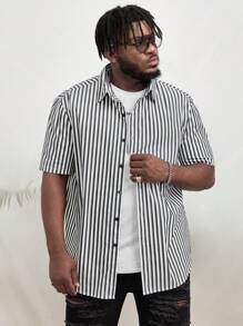 GENTILAND Men Plus Striped Print Shirt Without Tee - Black and White - View 1