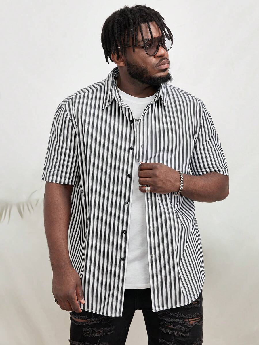 GENTILAND Men Plus Striped Print Shirt Without Tee - Black and White - View 1