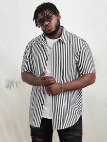 GENTILAND Men Plus Striped Print Shirt Without Tee - Black and White - View 4