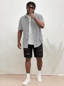 GENTILAND Men Plus Striped Print Shirt Without Tee - Black and White - View 7