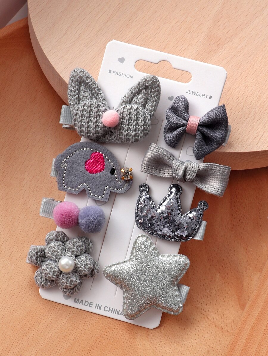 8 件装女士绒球和蝴蝶结装饰可爱发夹，用于头发装饰爪夹发夹发夹 - 灰色 - 查看 1