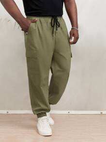 EASEVO Men Flap Pocket Side Drawstring Waist Cargo Trousers - Army Green - View 3