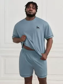 Manfinity Homme Men's Deer Print Crew Neck Short Sleeve T-Shirt And Shorts Pajama Set - Dusty Blue - View 2
