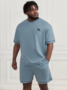 Manfinity Homme Men's Deer Print Crew Neck Short Sleeve T-Shirt And Shorts Pajama Set - Dusty Blue - View 1
