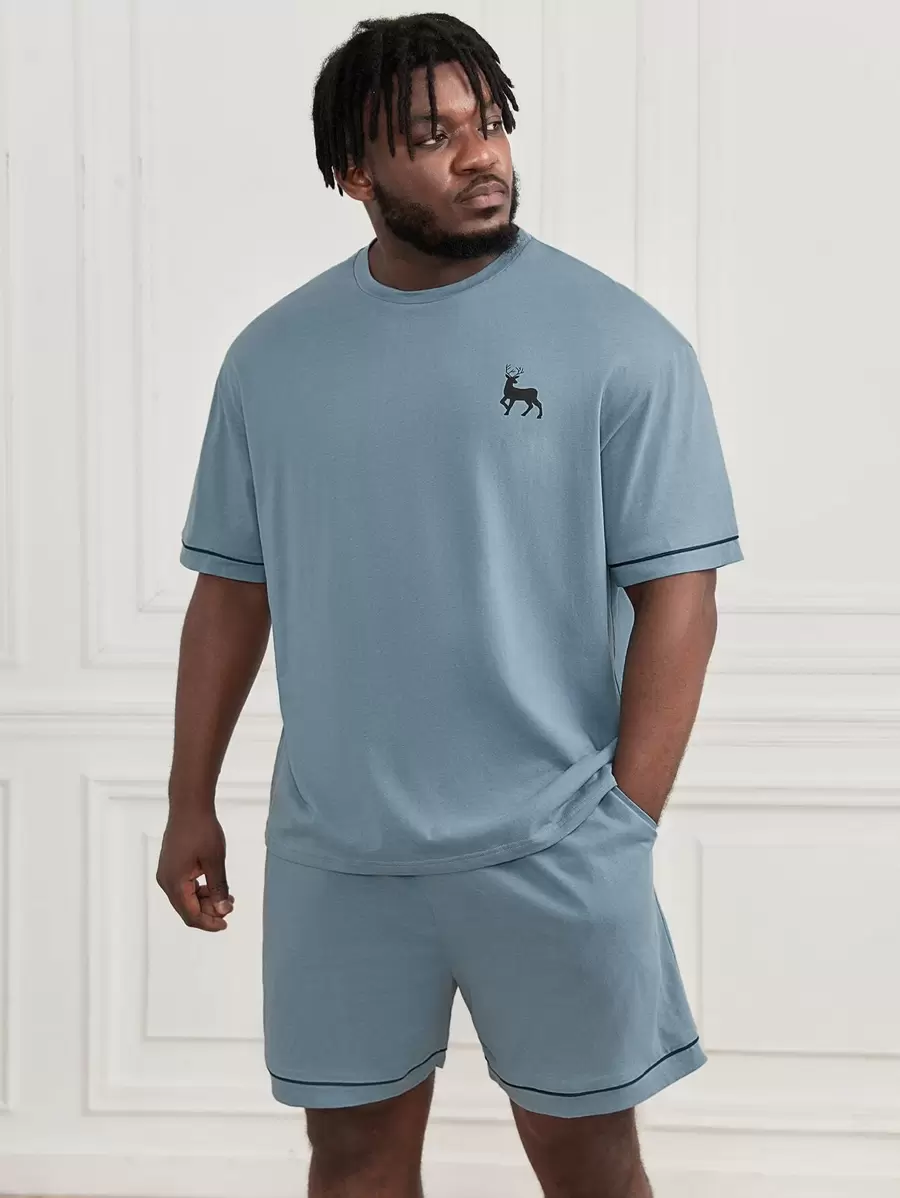 Manfinity Homme Men's Deer Print Crew Neck Short Sleeve T-Shirt And Shorts Pajama Set - Dusty Blue - View 1