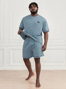 Manfinity Homme Men's Deer Print Crew Neck Short Sleeve T-Shirt And Shorts Pajama Set - Dusty Blue - View 6