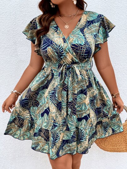 Breezaya Plus Tropical Print Butterfly Sleeve Belted Summer Boho Dress