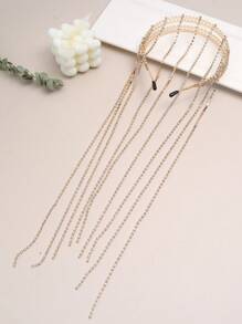 鑲鑽流蘇髮箍，個性時尚誇張長流蘇4排髮箍一個 - 黑色 - 查看 1