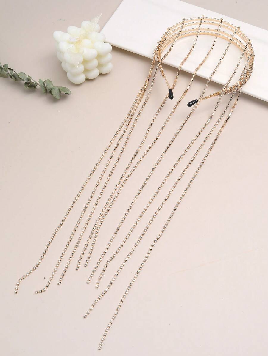 鑲鑽流蘇髮箍，個性時尚誇張長流蘇4排髮箍一個 - 黑色 - 查看 1