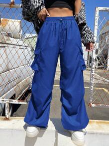 Coolane Flap Pocket Side Drawstring Waist Cargo Trousers - Blue - View 6