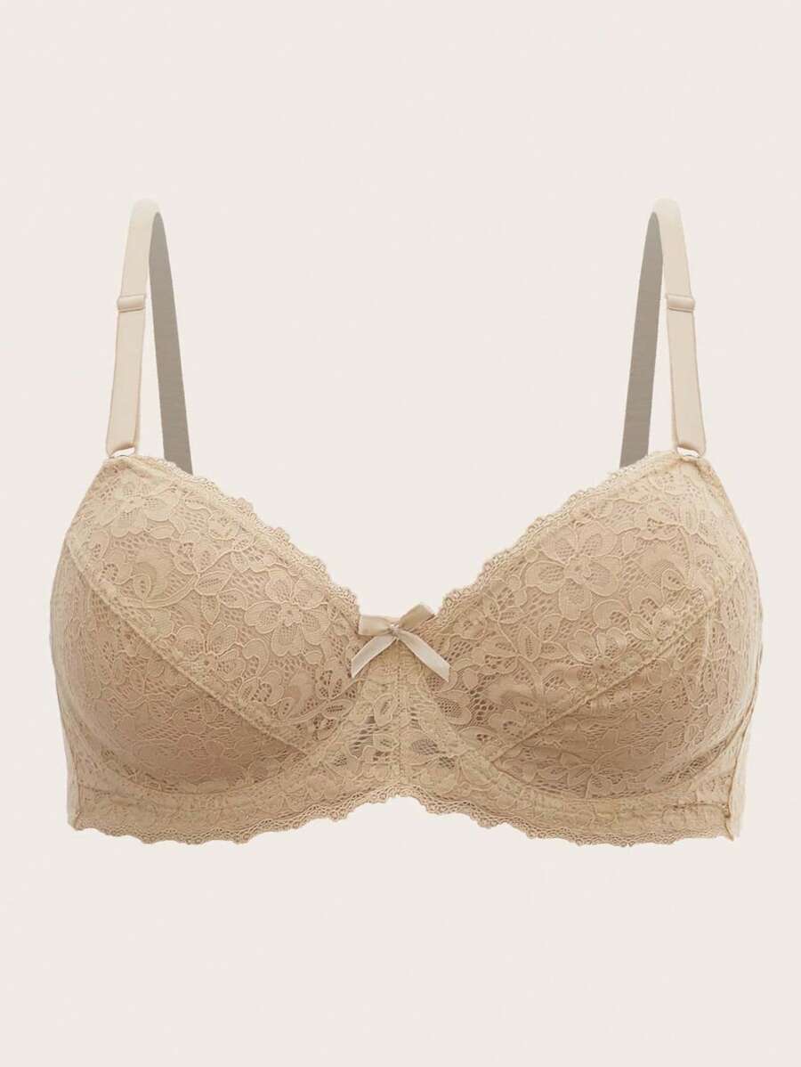 Áo Ngực & Áo Ngực Không Dây Kích Thước Lớn Tương phản ren Sò điệp màu trơn Tưởng tượng - Màu be - Xem 1