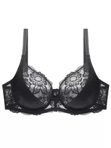 Plus Contrast Lace Underwire Bra Lingerie, Lift - Black - View 1