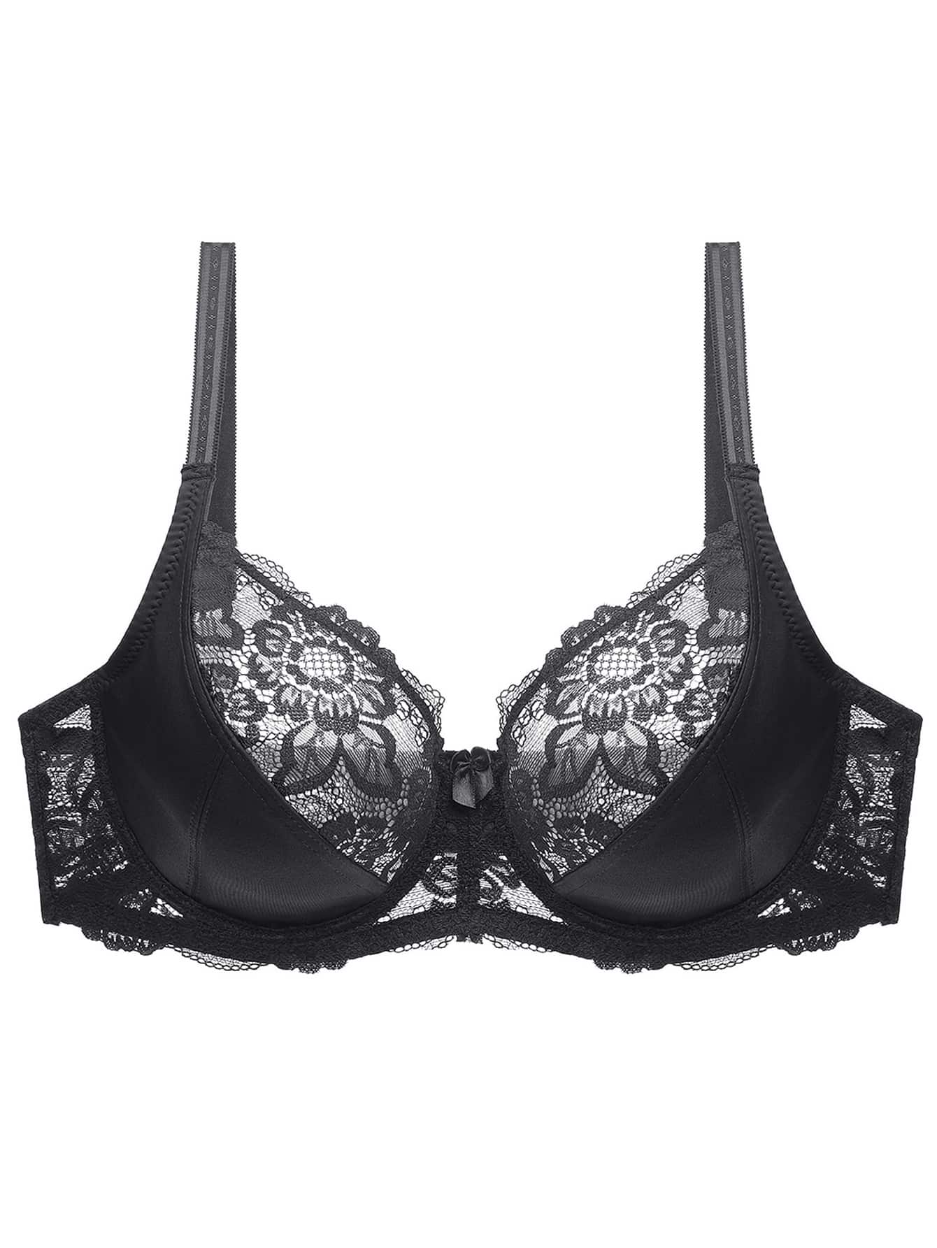 Plus Contrast Lace Underwire Bra Lingerie, Lift - Black - View 1