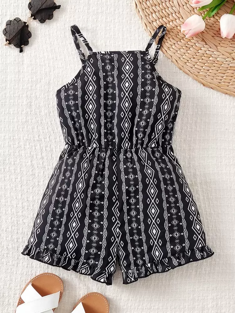 SHEIN Toddler Girls Geo Print Ruffle Hem Cami Romper - Black and White - View 1