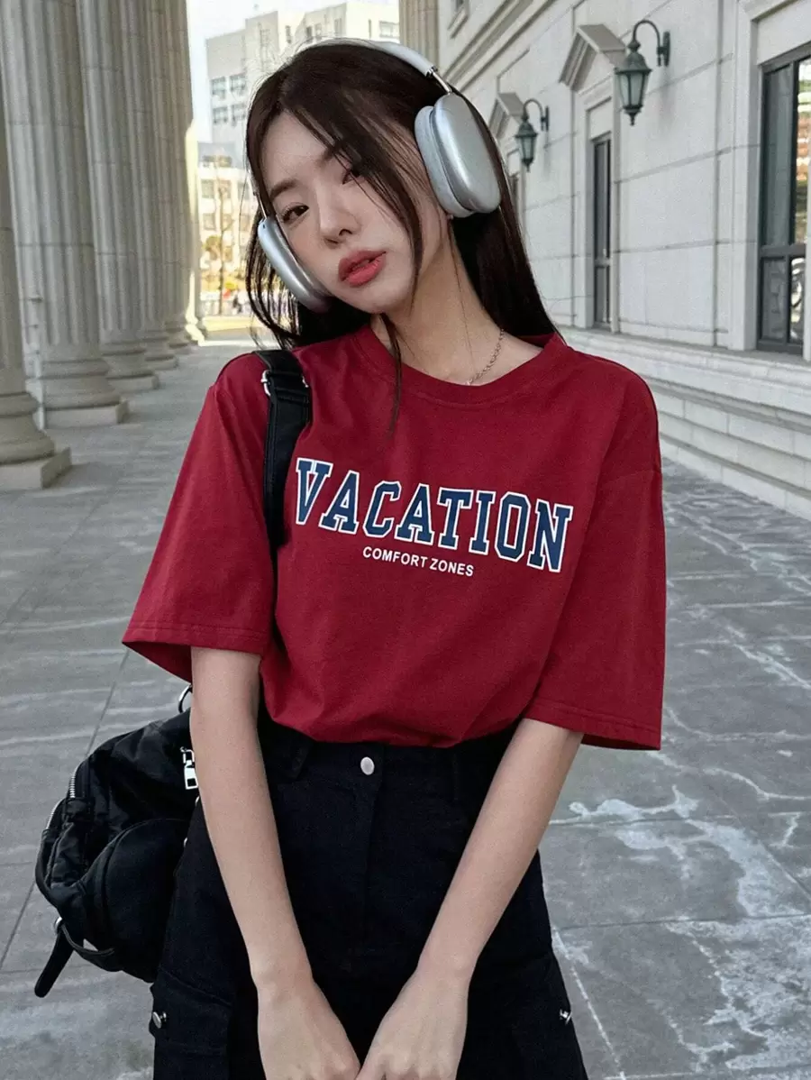 DAZY Letter Graphic Drop Shoulder Tee Oversized T-Shirt,Back To School Clothes Preppy Tops - Burgundy - View 1