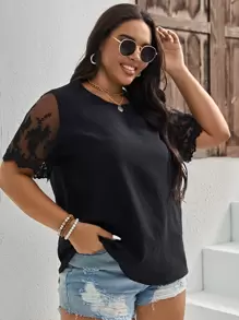 SHEIN VCAY 大碼拼接蕾絲袖素色襯衫 - 黑色 - 查看 4