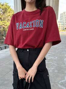 DAZY Letter Graphic Drop Shoulder Tee Oversized T-Shirt,Back To School Clothes Preppy Tops - Burgundy - View 2