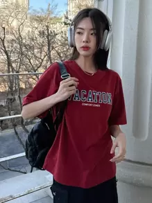 DAZY Letter Graphic Drop Shoulder Tee Oversized T-Shirt,Back To School Clothes Preppy Tops - Burgundy - View 3