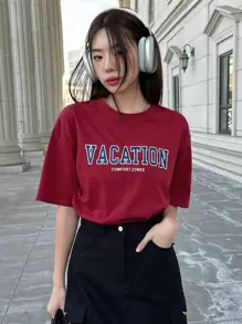 DAZY Letter Graphic Drop Shoulder Tee Oversized T-Shirt,Back To School Clothes Preppy Tops - Burgundy - View 4