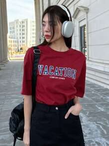 DAZY Letter Graphic Drop Shoulder Tee Oversized T-Shirt,Back To School Clothes Preppy Tops - Burgundy - View 5