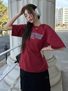 DAZY Letter Graphic Drop Shoulder Tee Oversized T-Shirt,Back To School Clothes Preppy Tops - Burgundy - View 7