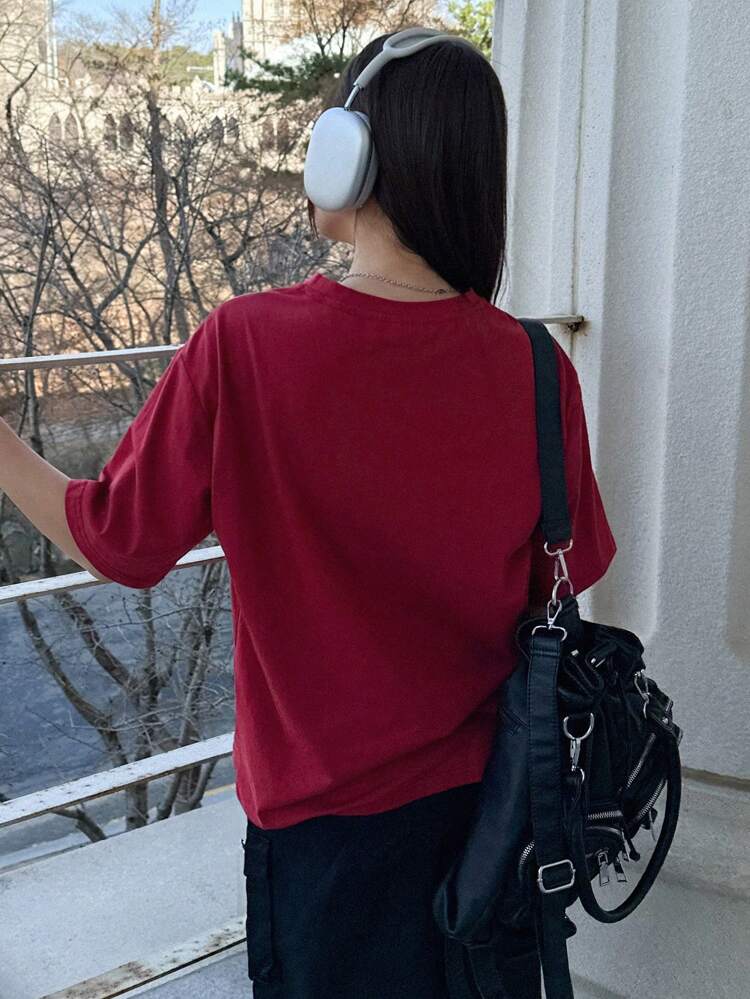 Letter Graphic Drop Shoulder Tee Oversized T-Shirt,Back To School Clothes Preppy Tops