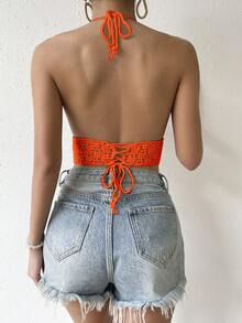 SHEIN VCAY Áo dệt kim nữ Lộ Lưng Buộc lại màu trơn Gợi cảm - trái cam - Xem 2