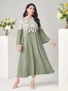 Modelyn Floral Print Tassel Trim Flounce Sleeve Dress Long Evening Dresses - Green - View 1