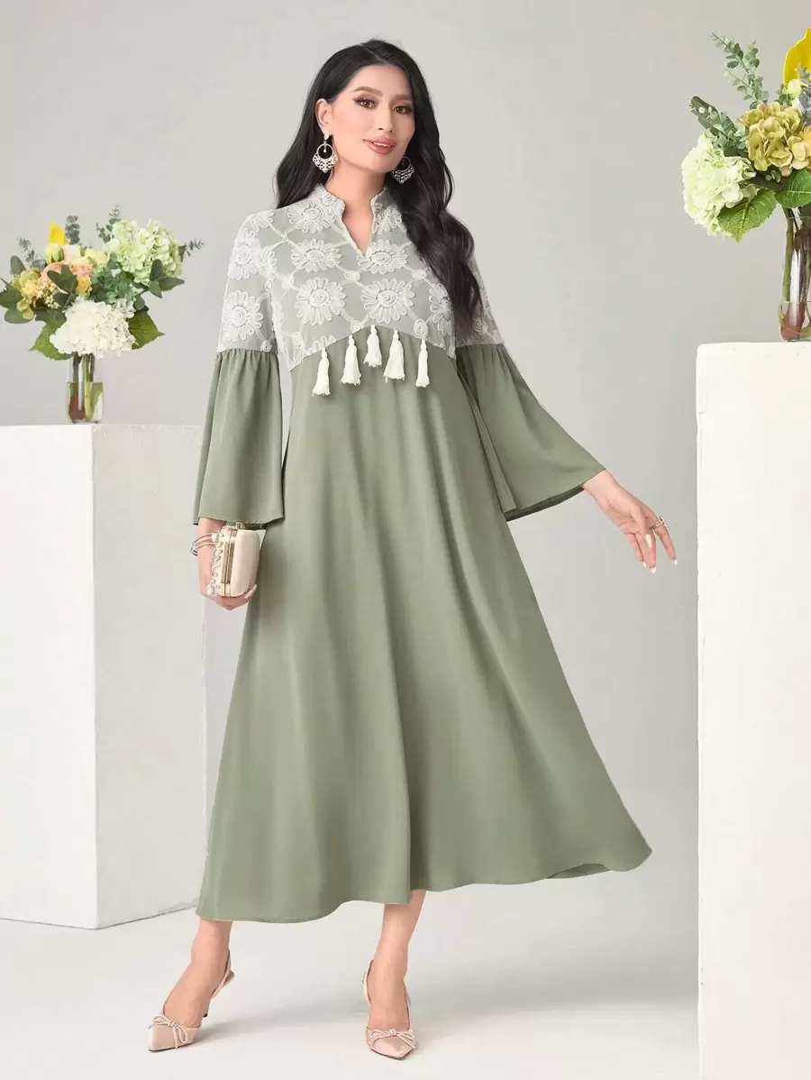 Modelyn Floral Print Tassel Trim Flounce Sleeve Dress Long Evening Dresses - Green - View 1