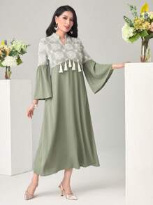 Modelyn Floral Print Tassel Trim Flounce Sleeve Dress Long Evening Dresses - Green - View 4
