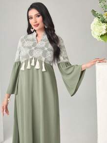 Modelyn Floral Print Tassel Trim Flounce Sleeve Dress Long Evening Dresses - Green - View 5
