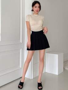 DAZY Top de punto unicolor de cuello alto fruncido lateral - Albaricoque - Ver 5