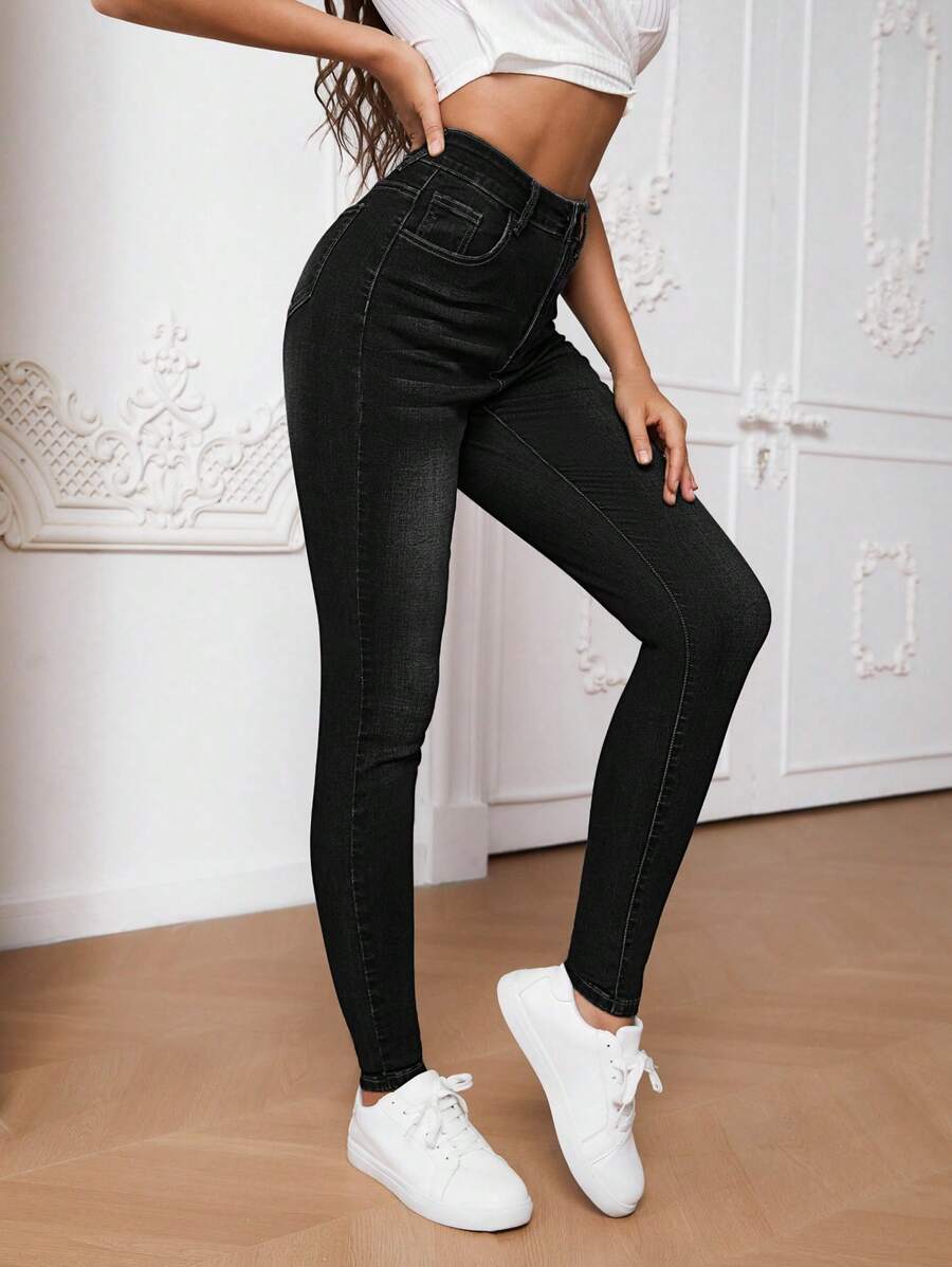 SHEIN Tall High Waist Skinny Jeans - Black - View 1