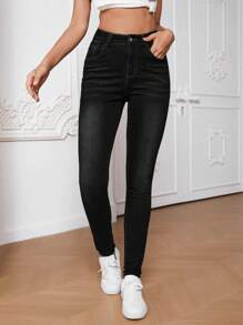 SHEIN Tall High Waist Skinny Jeans - Black - View 4