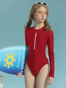 Teen Girls Solid Zipper Front One Piece Swimsuit - Red - View 1