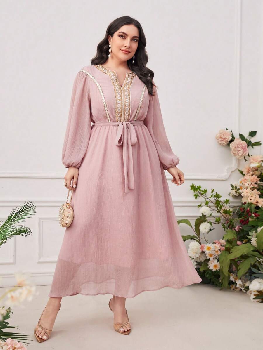 Modelyn Plus Notched Neckline Lantern Sleeve Contrast Tape Trim Belted Dress - Dusty Pink - View 1