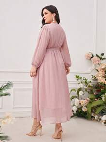 Modelyn Plus Notched Neckline Lantern Sleeve Contrast Tape Trim Belted Dress - Dusty Pink - View 2