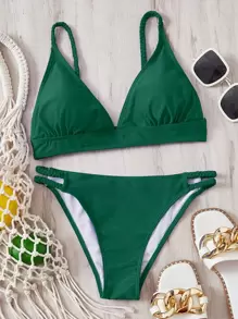 SHEIN Swim Summer Beach Solid Triangle Bikini Set - Dark Green - View 1