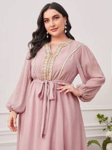 Modelyn Plus Notched Neckline Lantern Sleeve Contrast Tape Trim Belted Dress - Dusty Pink - View 3