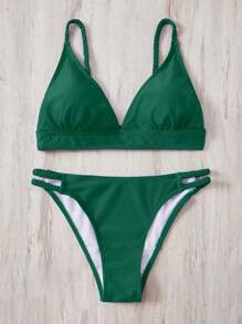 SHEIN Swim Summer Beach Solid Triangle Bikini Set - Dark Green - View 3