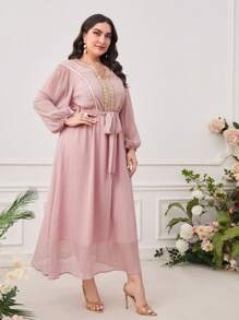 Modelyn Plus Notched Neckline Lantern Sleeve Contrast Tape Trim Belted Dress - Dusty Pink - View 5