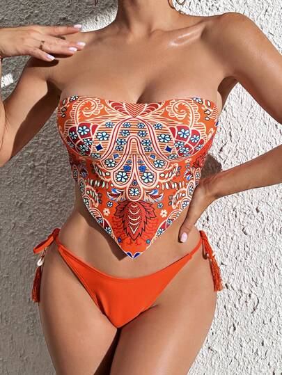 Swim Vcay Conjunto de bikini sin tirantes con estampado floral para playa de verano, con lazos en los laterales, traje de baño