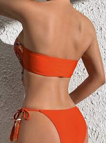 Swim Vcay 夏日海灘花卉印花無肩帶綁帶式比基尼套裝，游泳衣 - 彩色 - 查看 2